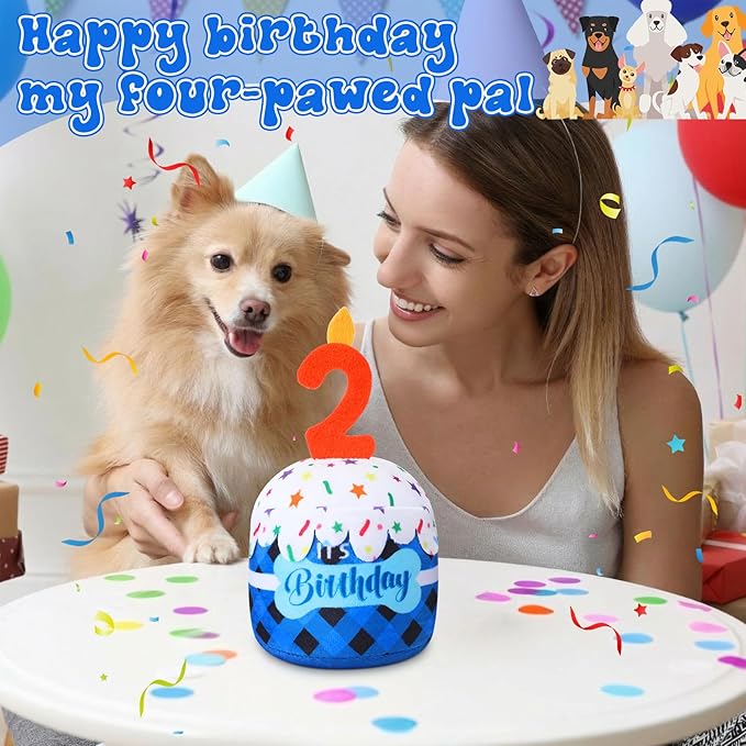 Dog 2nd Birthday Cake Toy Accessories for Girl Boy Gifts, Blue Grid Squeaky Plush Toy for Dog Birthday Party Decor Favor for Large, Medium and Small Dogs