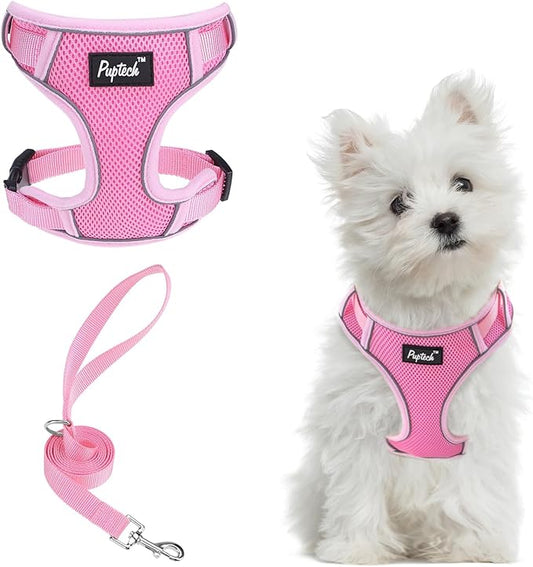 PUPTECK Small Dog Harness and Leash Set, No Pull Adjustable Puppy Cat Harness, Reflective Soft Mesh Pet Vest Small Sized, Pink, S