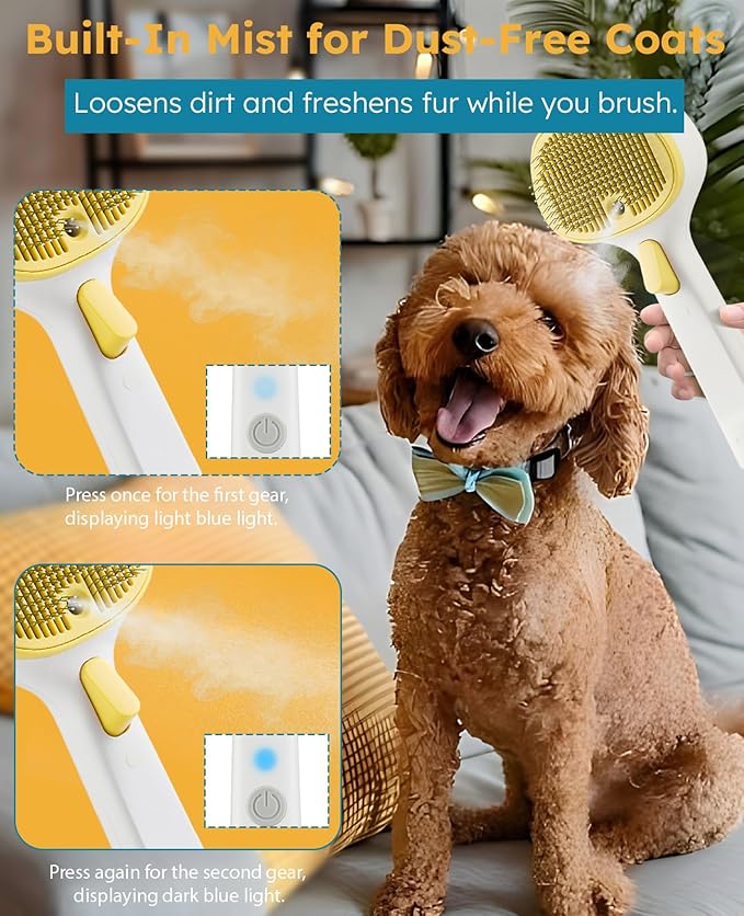 Cat Steam Brush for Cats & Dogs, Pet Steam Brush 3-in-1 with 2 Mist Modes, One-Touch Self Cleaning, Magnetic Safe Charging, Cat Hair Brush for Shedding, Dog Brush for Shedding, Yellow (Long Head)