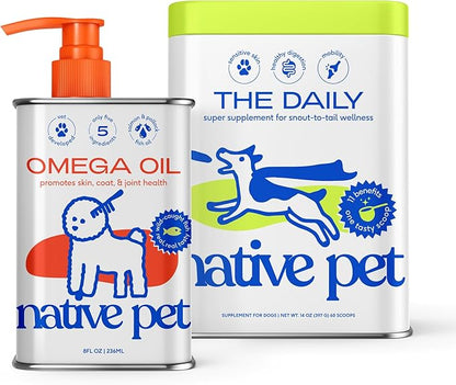 Native Pet Dog Vitamins & Supplements - 11-in-1 Vitamin Powder for Dog Food Topper (60 Scoops) & Omega 3 Fish Oil for Dogs & Cats - Promotes Healthy Skin, Shiny Coat, & Strong Joints (8 Oz)