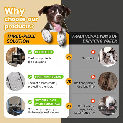 CZPET Elevated Dog Water Bowl Dispenser with Mat for Large Dogs,Tall Raised Pet Waterer Stand,Relieve Neck Pressure,Large Capacity and Drinking Area Noise-Free for Pets Dogs (9.5L+Stand+Mat,Black)