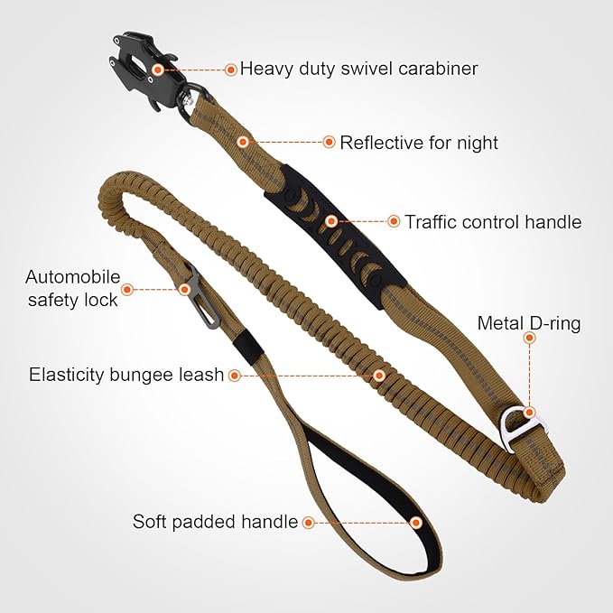 YSZYPETHE Heavy Duty Dog Leash, 4-6 Ft Shock Absorbing with Heavy-Duty Seatbelt Buckle & Dual Handles - No Bungee, for Medium to Large Dogs (Khaki)