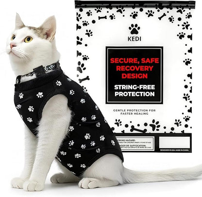 Cat Surgery Recovery Suit Female Cat Onesie for Cats After Surgery Spay Surgical Abdominal Wound Skin Diseases E-Collar Alternative Wear (Black, Medium)