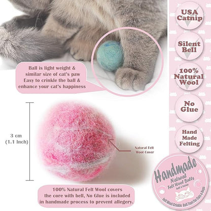 BALLMIE Felt Wool Cat Toys Ball with Catnip and Bell, Natural Handmade (Baby Pink (5 Units))