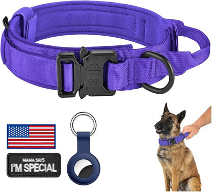 DAGANXI Tactical Dog Collar, Adjustable Military Training Nylon Dog Collar with Control Handle and Heavy Metal Buckle for Medium and Large Dogs, with Patches and Airtags Case (Purple, M)