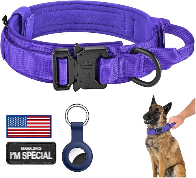 DAGANXI Tactical Dog Collar, Adjustable Military Training Nylon Dog Collar with Control Handle and Heavy Metal Buckle for Medium and Large Dogs, with Patches and Airtags Case (Purple, XL)