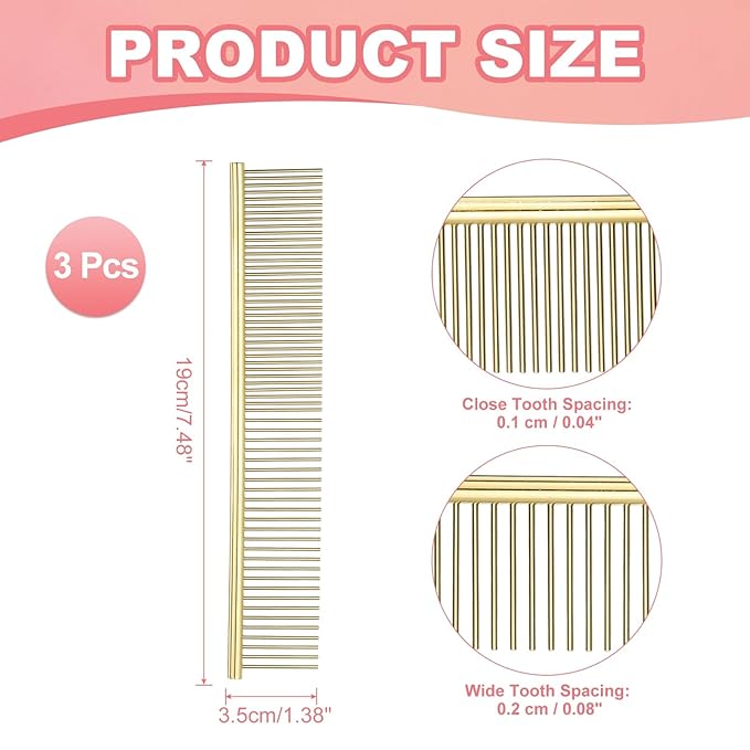 PETAXCELL Dog Cat Comb, Pet Combs Stainless Steel Teeth with Rounded Ends for Knots Mats Loose Hair Removal, 7.5IN (Gold Plated, 3 Pack), Grooming Tool Intended for Long Curly Hair Pet
