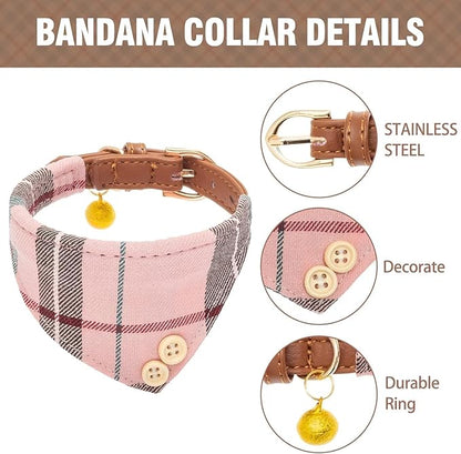 KOOLTAIL Pink Girl Dog Collar and Leash Set for Small Dogs with Bowtie and Bells - Cute Puppy Bandana Collar and Leash with Classic Plaid Pattern, Soft Leather Tangle Free Leashes for Small Dogs, S