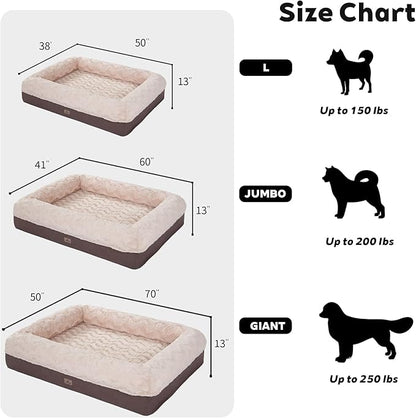 PetFun Memory Foam XL Dog Bed for XLarge Sized, Extra Large Orthopedic Dog Sofa with Sides and Waterproof Liner, Washable Bolster Pet Bed Couch with Removable Cover, 60x43x13 Inch, Khaki
