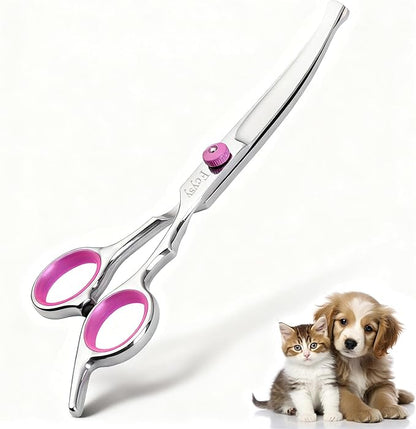 Curved Scissors for Dog Grooming, Fcysy Stainless Steel Pet Grooming Shears with Safety Round Tip, Curved Dog Grooming Scissors for Dogs & Cats Face, Legs, Ears – Pink