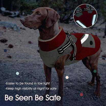 IECOii Dog Coat with Harness Built in - Red, Large - Waterproof Winter Coat, Fleece Lined Snow Jacket for Dogs