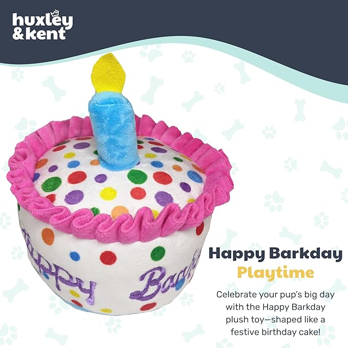 Huxley & Kent Funny Dog Toy w/Squeaker – Power Plush Squeaky Dog Toys for Small, Medium & Large Dogs – Soft Stuffed Animal for Indoor Play & Fetch - Happy Barkday Cake, Small
