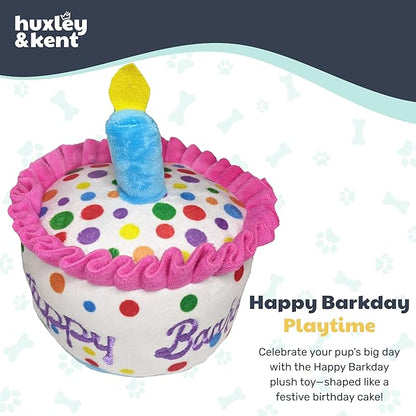 Huxley & Kent Funny Dog Toy w/Squeaker – Power Plush Squeaky Dog Toys for Small, Medium & Large Dogs – Soft Stuffed Animal for Indoor Play & Fetch - Happy Barkday Cake, Small