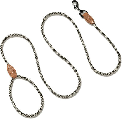 Mile High Life Small Dog Leash, Thin Rope Leash with Genuine Leather Connection and Heavy Duty Metal Clasp, Great for Small Medium Dogs(Black Khaki,48 Inch-1/3)