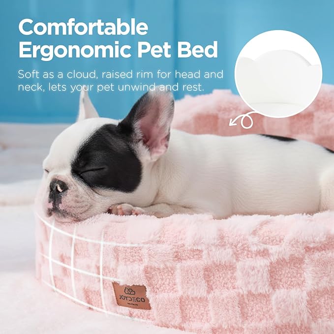 Joydeco Cloud Dog Bed for Small Dogs & Cats, Washable Pet Bed with Orthopedic Foam and Removable Checkered Plush Pad, Non-Slip Bottom for Indoor Puppies and Kittens, 27x24 Inch, Pink