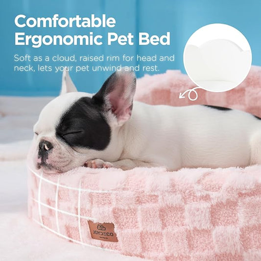 Joydeco Cloud Dog Bed for Small Dogs & Cats, Washable Pet Bed with Orthopedic Foam and Removable Checkered Plush Pad, Non-Slip Bottom for Indoor Puppies and Kittens, 27x24 Inch, Pink