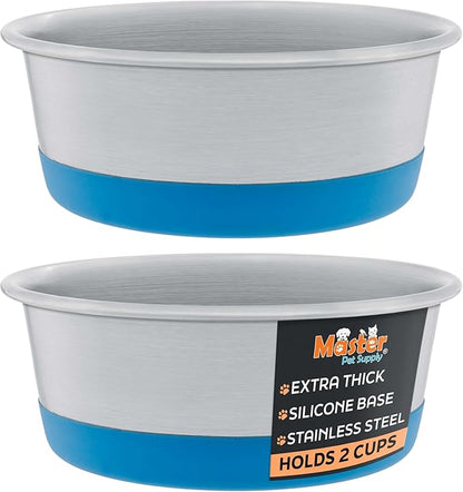 Master Pet Supply Stainless Steel Dog Bowls Set of 2 with Extra Thick Silicone Base - 2 Cup (16 oz) True Blue, Non-Slip, Dishwasher Safe Metal Bowls, Pet Dog Food Bowl for Dogs, Cats, Anti Rust