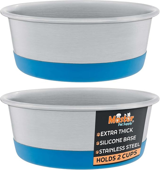 Master Pet Supply Stainless Steel Dog Bowls Set of 2 with Extra Thick Silicone Base - 2 Cup (16 oz) True Blue, Non-Slip, Dishwasher Safe Metal Bowls, Pet Dog Food Bowl for Dogs, Cats, Anti Rust
