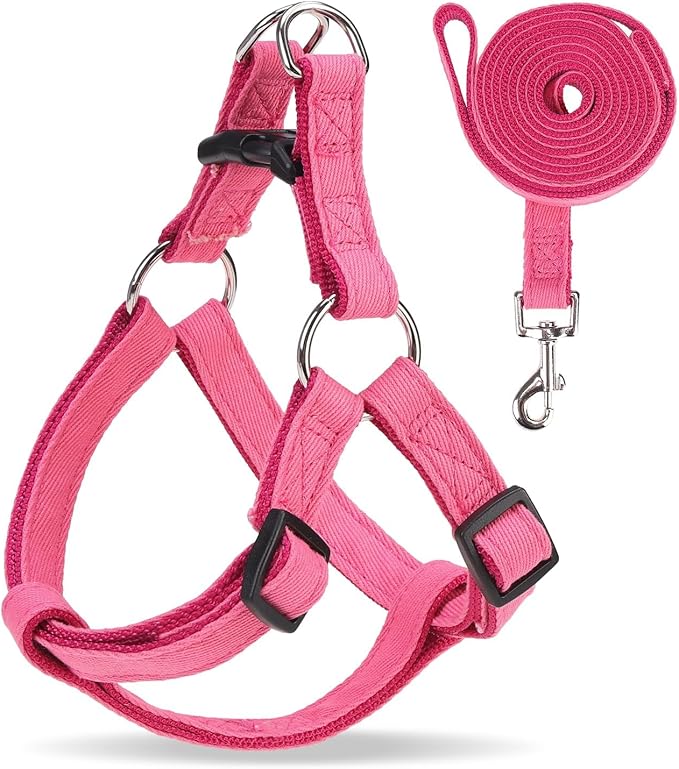 BINGPET Dog Harness Leash Set,Adjustable No Pull Step in Dog Harness,Stylish Denim Puppy Harness for Small and Medium Dogs Easy Walk Training Running(Pink,S)