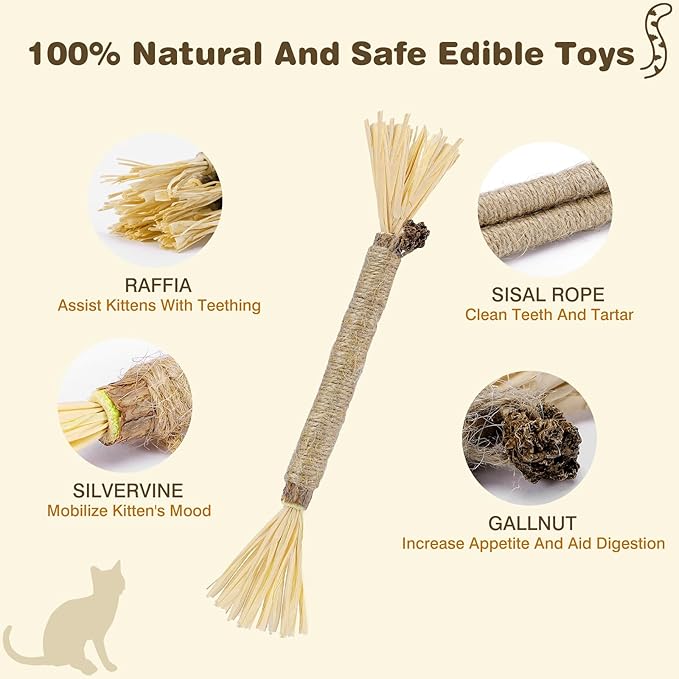 SINROBO 4 Pack Silvervine Sticks for Cats - Cat Chew Toy for Teeth Cleaning, Edible Matatabi Kitty Chew Sticks, Catnip Cat Toys for Indoor Cats (4 Sticks)