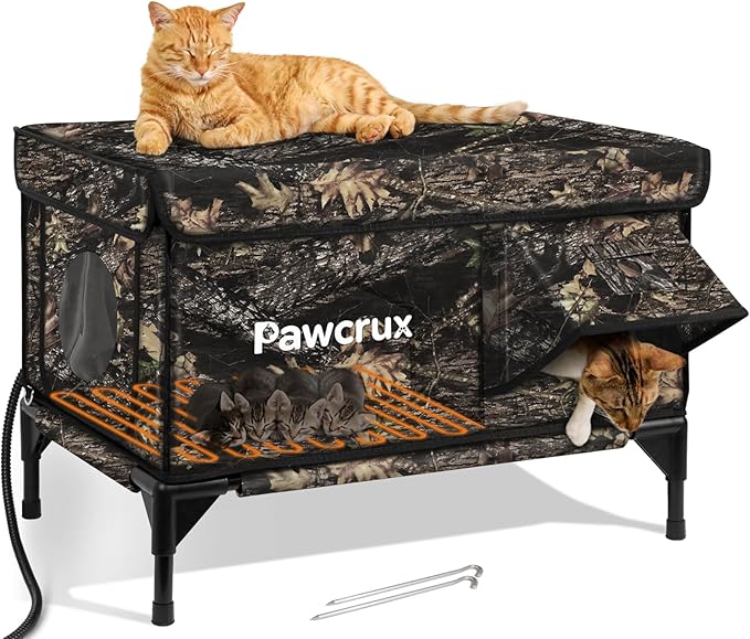 Heated Cat House for Outdoor Cats, Waterproof Insulated Outdoor Cat House with Heating Pad, Weatherproof Elevated Heated Cats House for Outside Feral Cats(Leaf, 25" L x 16" W x 18" H)