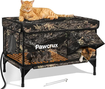 Heated Cat House for Outdoor Cats, Waterproof Insulated Outdoor Cat House with Heating Pad, Weatherproof Elevated Heated Cats House for Outside Feral Cats(Leaf, 25" L x 16" W x 18" H)