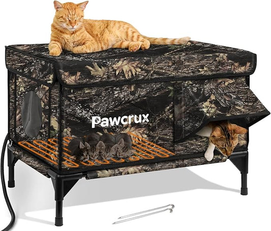 Heated Cat House for Outdoor Cats, Waterproof Insulated Outdoor Cat House with Heating Pad, Weatherproof Elevated Heated Cats House for Outside Feral Cats(Leaf, 25" L x 16" W x 18" H)