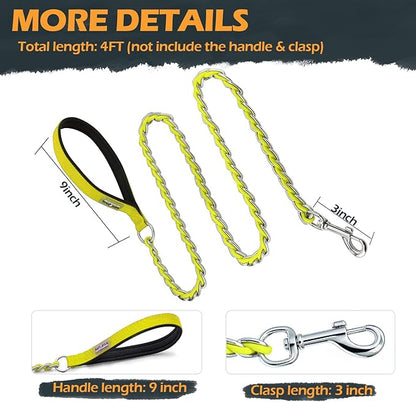 Chain Dog Leash Chew Proof Metal Leash for Medium Large Dogs, Chain Link Anti Chew 4FT Strong Anti Bite Comfortable Soft Padded Handle Yellow 3.0