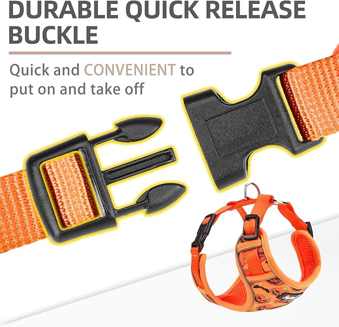 PUPTECK Halloween Small Dog Harness and Leash Set, No Pull Adjustable Puppy Cat Harness, Reflective Soft Mesh Pet Vest Small Sized, Pumpkin, S