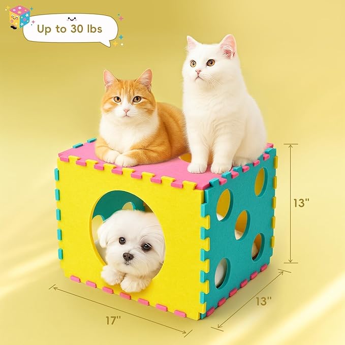MOYMO Cat Houses for Indoor Cats, Cute Cat Bed Cave with Soft Pillow, Cat Cube for Multiple Large Cats, Fun Dice Shaped, 17 Inches