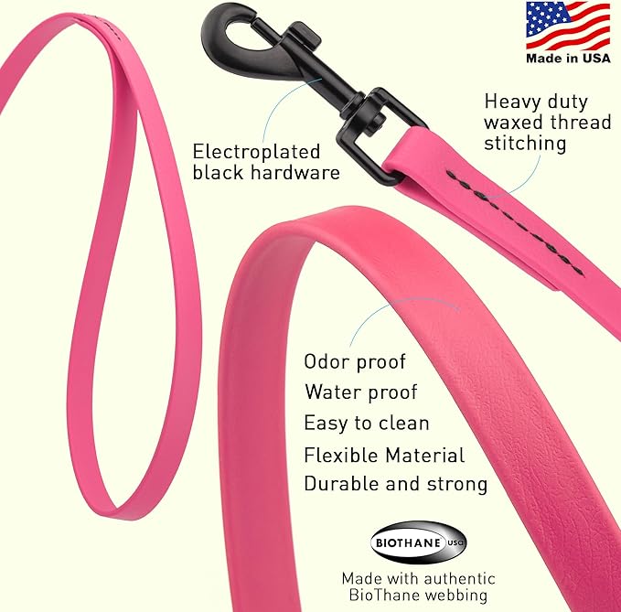 Dogline Biothane Waterproof Dog Leash Strong Coated Nylon Webbing with Black Hardware Odor-Proof Easy to Clean High Performance for Small or Large Dogs Made in USA 2 ft Lead, Passionfruit Pink