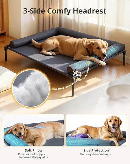 Cooling Elevated Dog Bed, 30x41.8 Raised Dog Bed with Removable Bolster Cushion, Breathable Mesh, Non-Slip Feet, and Metal Frame for Large Breeds Indoor Outdoor