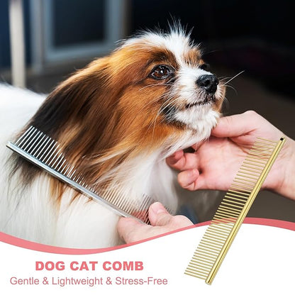 PETAXCELL Dog Cat Comb, Pet Combs Stainless Steel Teeth with Rounded Ends for Knots Mats Loose Hair Removal, 6.5IN (Gold Plated, 3 Pack), Grooming Tool Intended for Long Curly Hair Pet