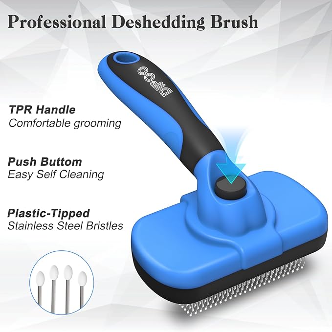 Dipoo Self-Cleaning Brush for Pet Deshedding - Skin-Friendly Grooming Tool for Dogs and Cats, Blue