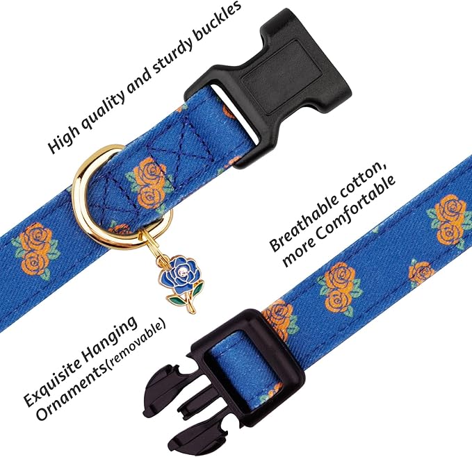 Cotton Handmade Dog Collar Cute and Distinctive Patterns Blue Rose with Pendant for Girl Boy Dogs Collars M