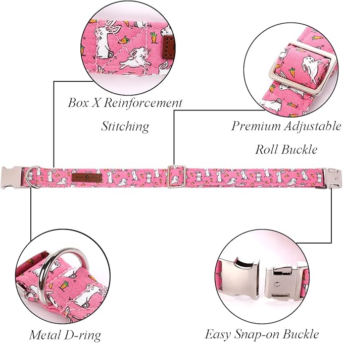 Lionet Paws Easter Bunny Dog Collar with Flower, Flower Collar with Metal Buckle for Dogs, Adjustable Comfortable Dog Collar Girl, XL, Neck 16-26 in