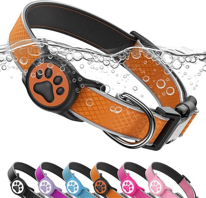 Reflective Dog Collar with Airtag Holder, IPX8 Waterproof Air Tag Dog Collar Holder | Ultra-Durable | Soft Padded | Safety Locking Buckle | Fit Small Dogs (Orange S(9.8"-15.7"))