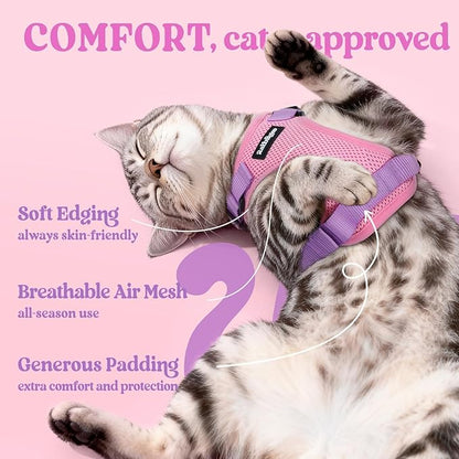 rabbitgoo Cat Harness and Leash for Walking, Escape Proof Soft Adjustable Vest Harnesses for Cats, Easy Control Breathable Reflective Strips Jacket, Pink & Purple, M