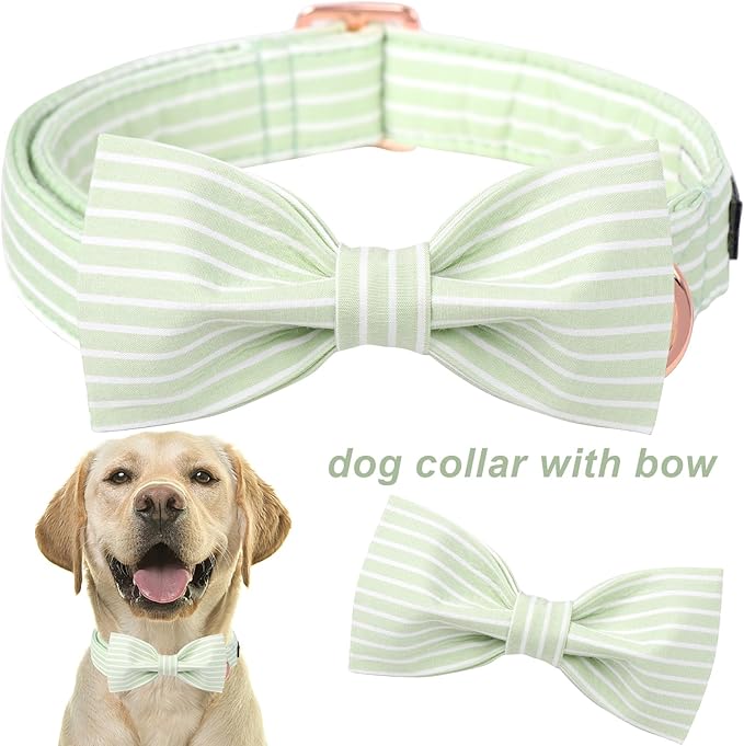 ARING PET Dog Collars with Bow, Green Stripe Adjustable Bowtie Pet Collar with Metal Buckle for Small Medium Large Boy Girl Dogs-L