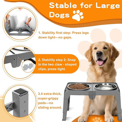 Elevated Dog Bowls for Large Dogs 5 Adjustable Heights 7.5"-15.4", 2 X-Large 10” Stainless Steel Bowls, Heavy Duty Raised Dog Bowl Stand Foldable Pet Feeder for Dogs Shoulder Height Over 15”, Grey