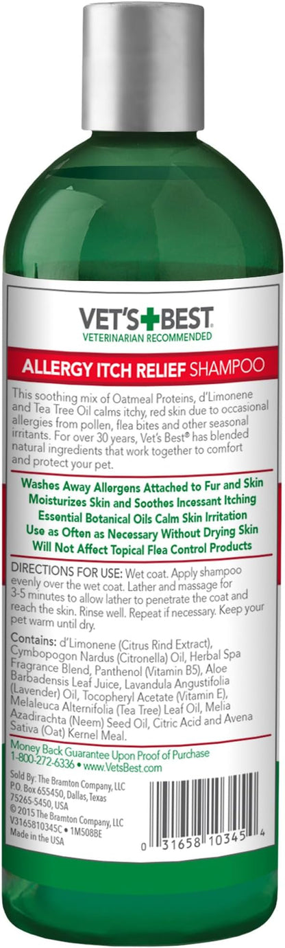 Vet's Best Allergy Itch Relief Dog Shampoo, Oatmeal Dog Shampoo for Itchy Skin, Cleans and Relieves Discomfort from Seasonal Allergies, Anti Itch Dog Shampoo, 16 Oz