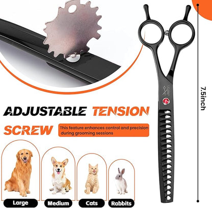 JASON 7.5" Dog Grooming Scissor - Professional Thinning Chunker Shear with 18 Teeth Japanese Stainless Steel Hair Scissors for Dogs, Cats and Other Pets (Chunker, Black) Christmas Gift