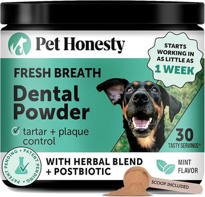 Dog Breath Freshener Dental Powder for Teeth Cleaning Plaque Off, Dental Care for Dogs, Tartar Remover for Teeth with Natural Herbal Blend + Postbiotics (Mint - 30 Servings)