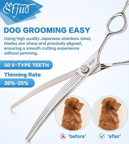 Stjuo Professional Dog Grooming Scissors, Japanese 440C Stainless Steel, 62 HRC Hardness (Curved Thinning, 7.5'')