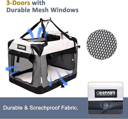 JESPET Soft Dog Crates Kennel for Pets, 3 Door Soft Sided Folding Travel Pet Carrier with Straps and Fleece Mat for Dogs, Cats(7-Light Grey, Large(30" L x 21" W x 23" H))