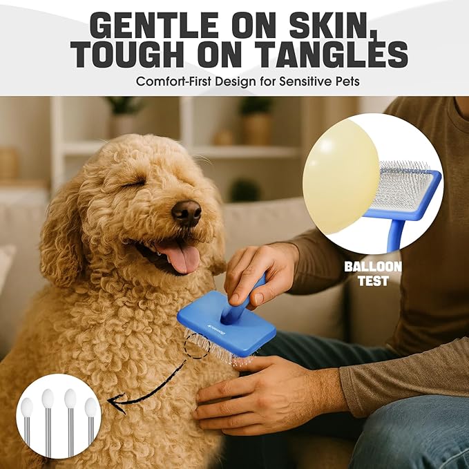 Dog Slicker Brush for Dogs Grooming Kit 4PCS | Large Dog Brush for Goldendoodles Poodles Doodles | Long Pin Haired Brush | Poodle Brushes and Comb (Blue)