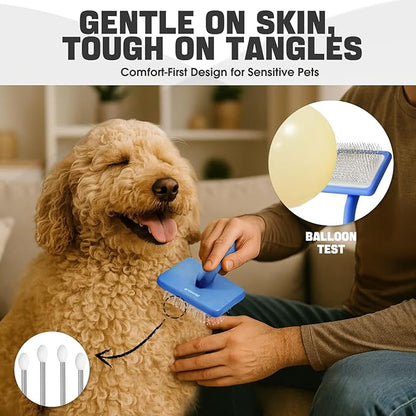 Dog Slicker Brush for Dogs Grooming Kit 4PCS | Large Dog Brush for Goldendoodles Poodles Doodles | Long Pin Haired Brush | Poodle Brushes and Comb (Blue)