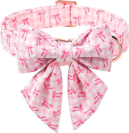 Girl Dog Collar with Lady Bow - Elegent Spring Dog Collrs Girly Pink Bow Sailor Bowtie Collars, Adjustable Metal Buckle Female Dogs Collar for Small Medium Large Dogs M