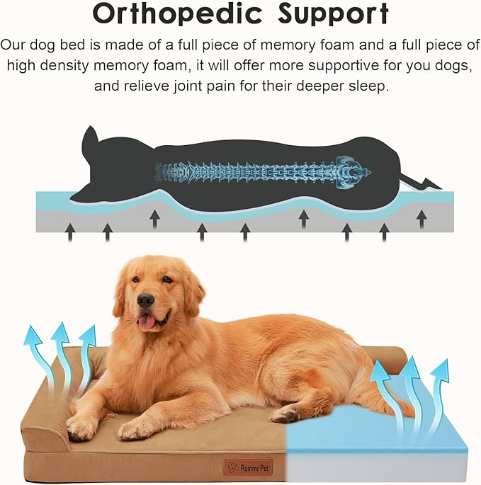 Rainmr Orthopedic Dog Bed for Large Dogs, 44"x32"x6" Memory Foam Pet Bed with Washable Microsuede Cover, TPU Waterproof Liner & Nonskid Bottom, for Indoor, Outdoor, Crate ＆ Car Use, Khaki