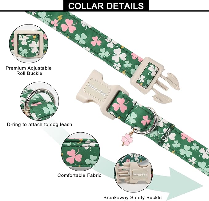 Lionet Paws St. Patrick Dog Collar- Cute Clover Green Dog Collars with Plastic Buckle, Light Adjustable Dogs Collars with Pink Clover Pendant for Small Medium Dogs